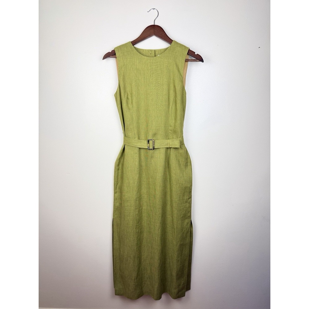 Ann Taylor Sleeveless Belted Midi Dress in Olive Green